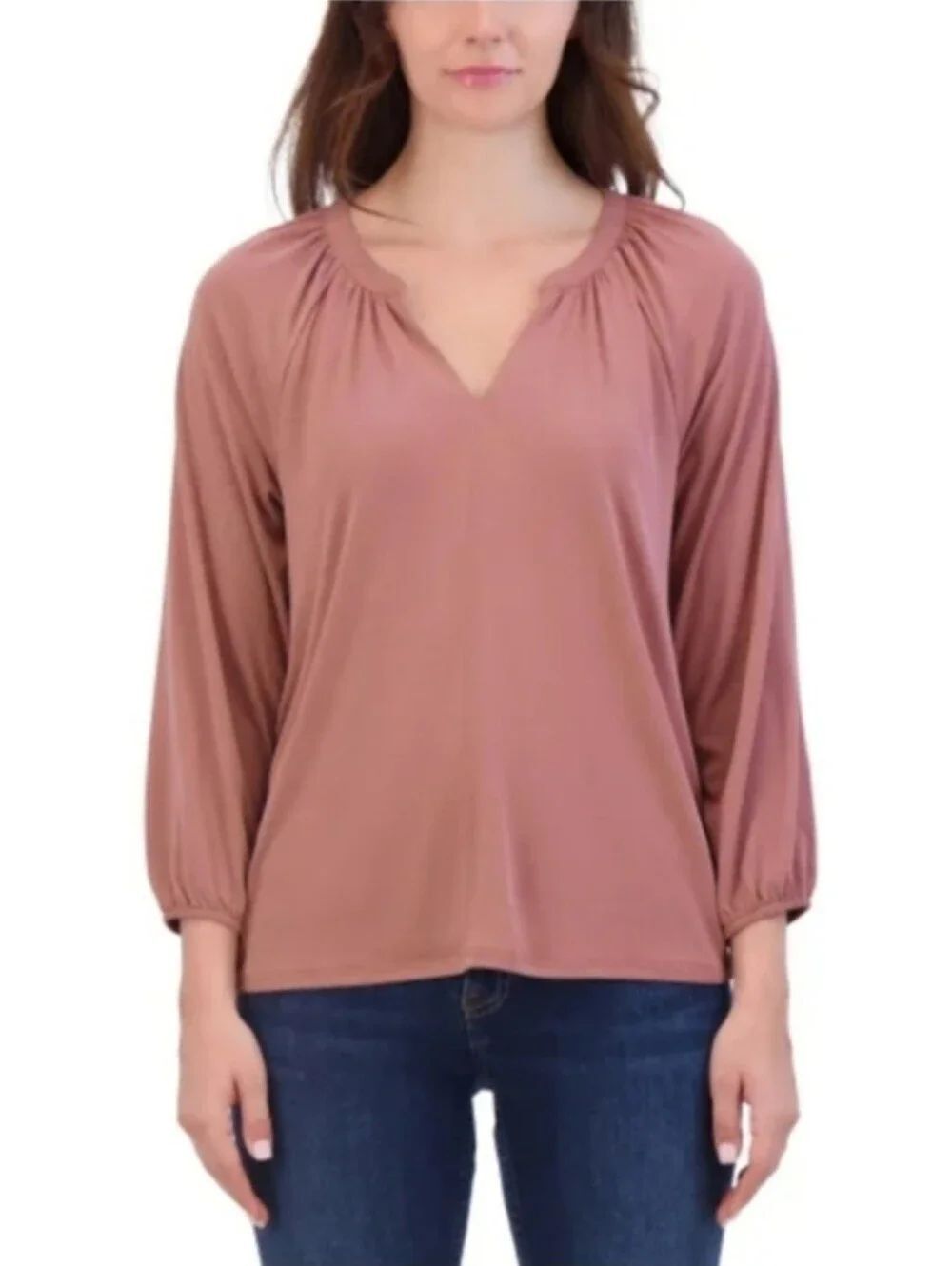 Lucky Brand Dusty Mauve Split V-Neck Balloon Sleeve Top